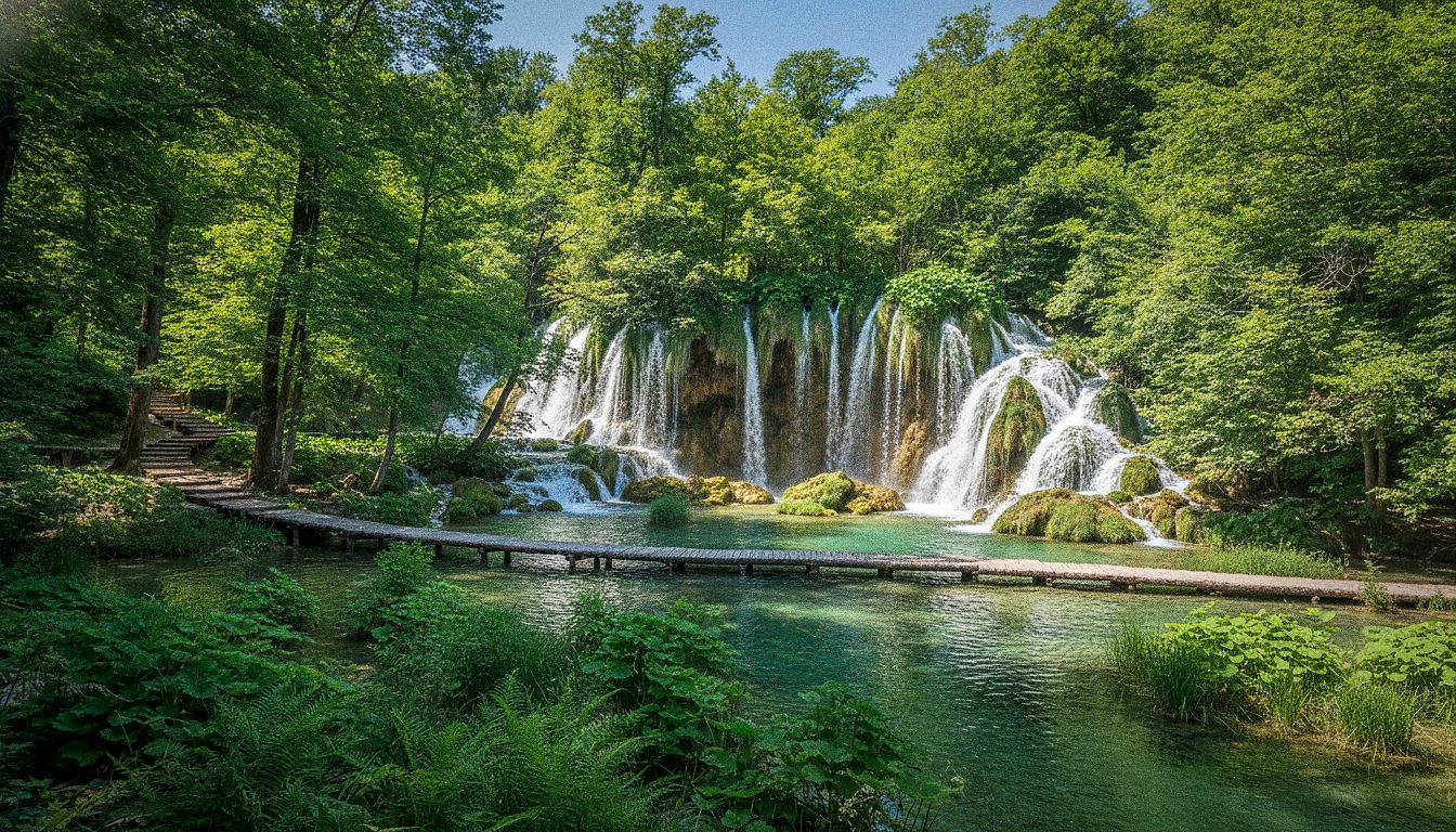 Skradinski buk travertine waterfalls at Krka National Park with wooden boardwalks through green riverside forest